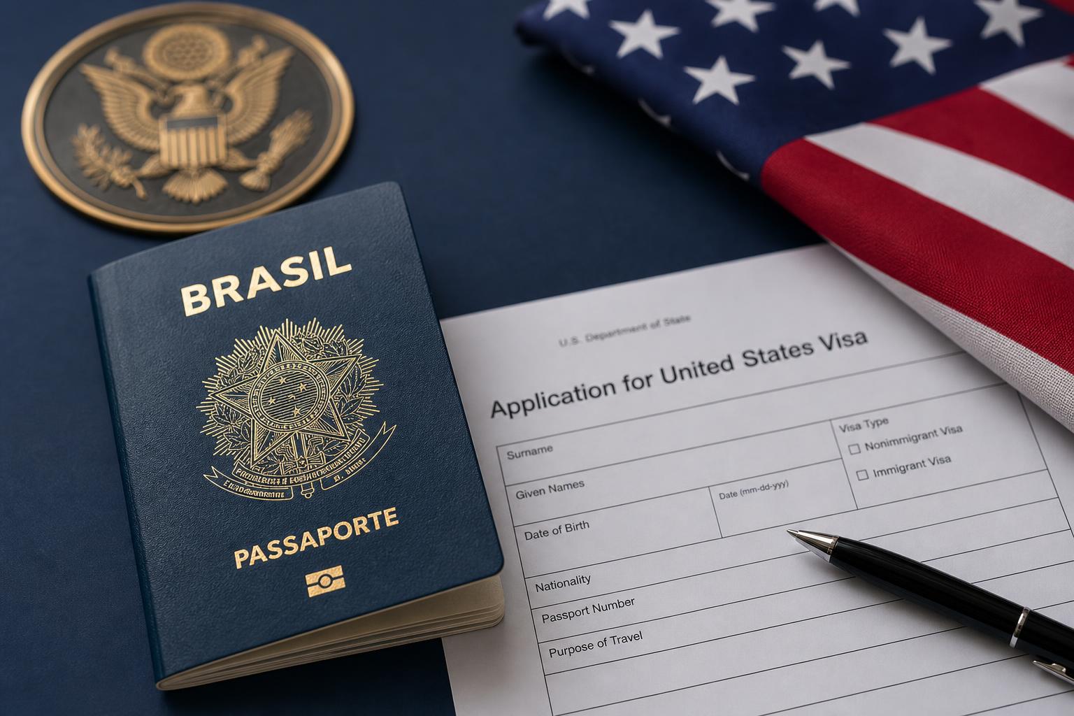 Passaporte brasileiro sobre formulário de visto americano, com bandeira dos Estados Unidos e selo da águia ao fundo