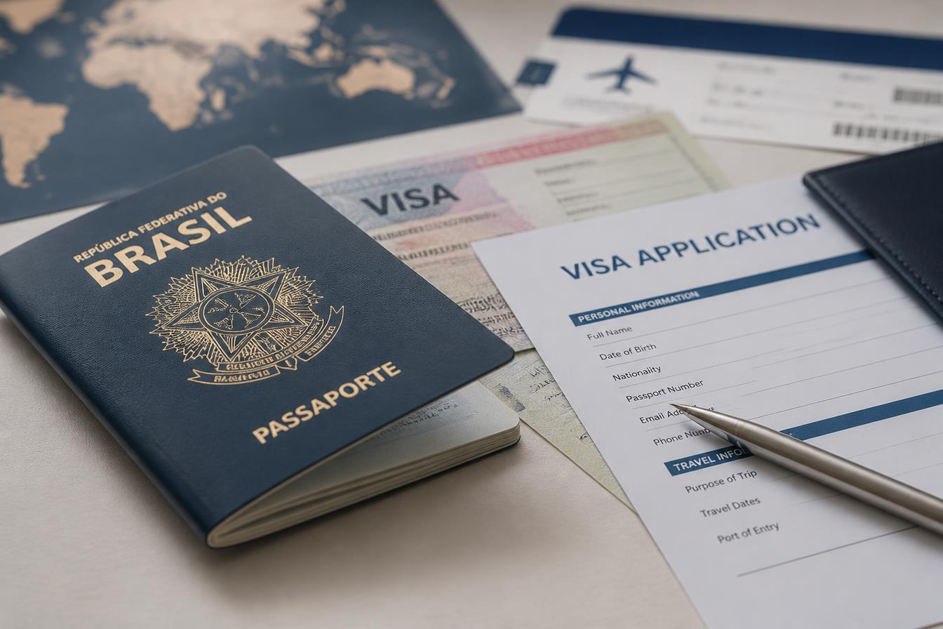 Passaporte brasileiro, formulário de visto e documentos de viagem organizados sobre uma mesa
