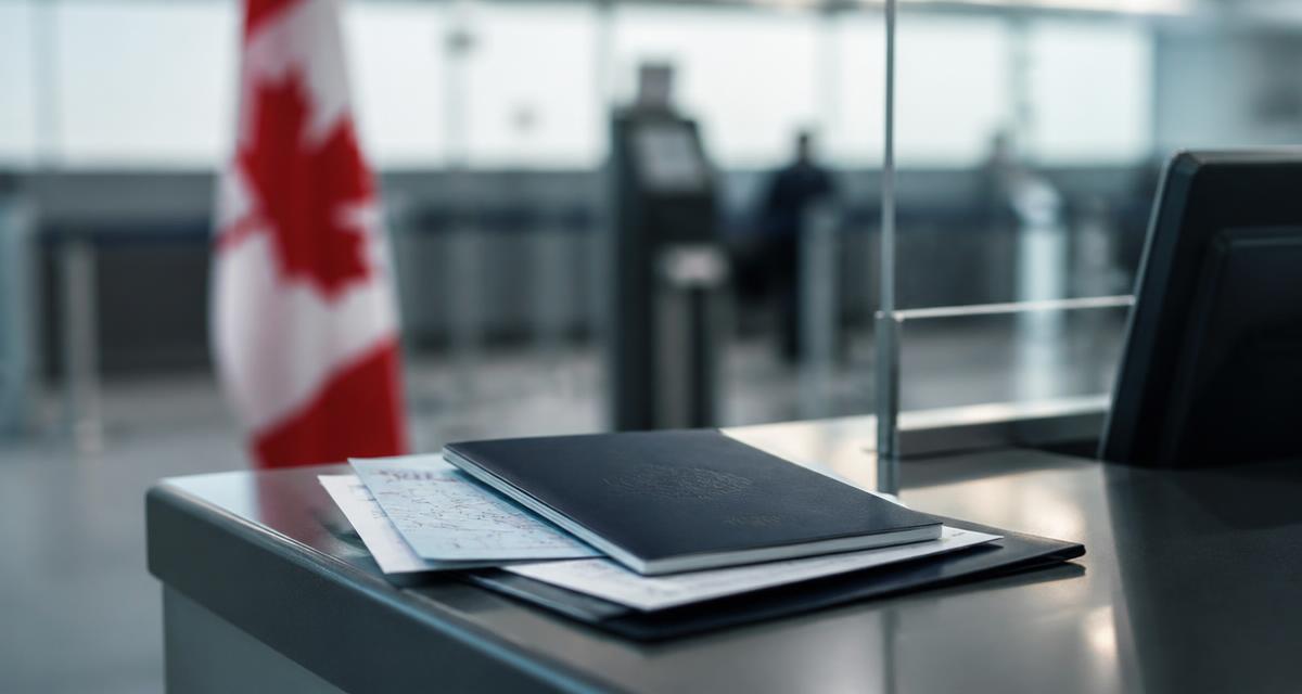 Passaporte e documentos de viagem sobre balcão de aeroporto, com bandeira do Canadá desfocada ao fundo