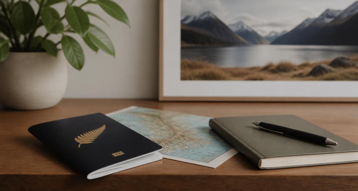 Passaporte, mapa e caderno de viagem sobre mesa de madeira, com paisagem da Nova Zelândia ao fundo