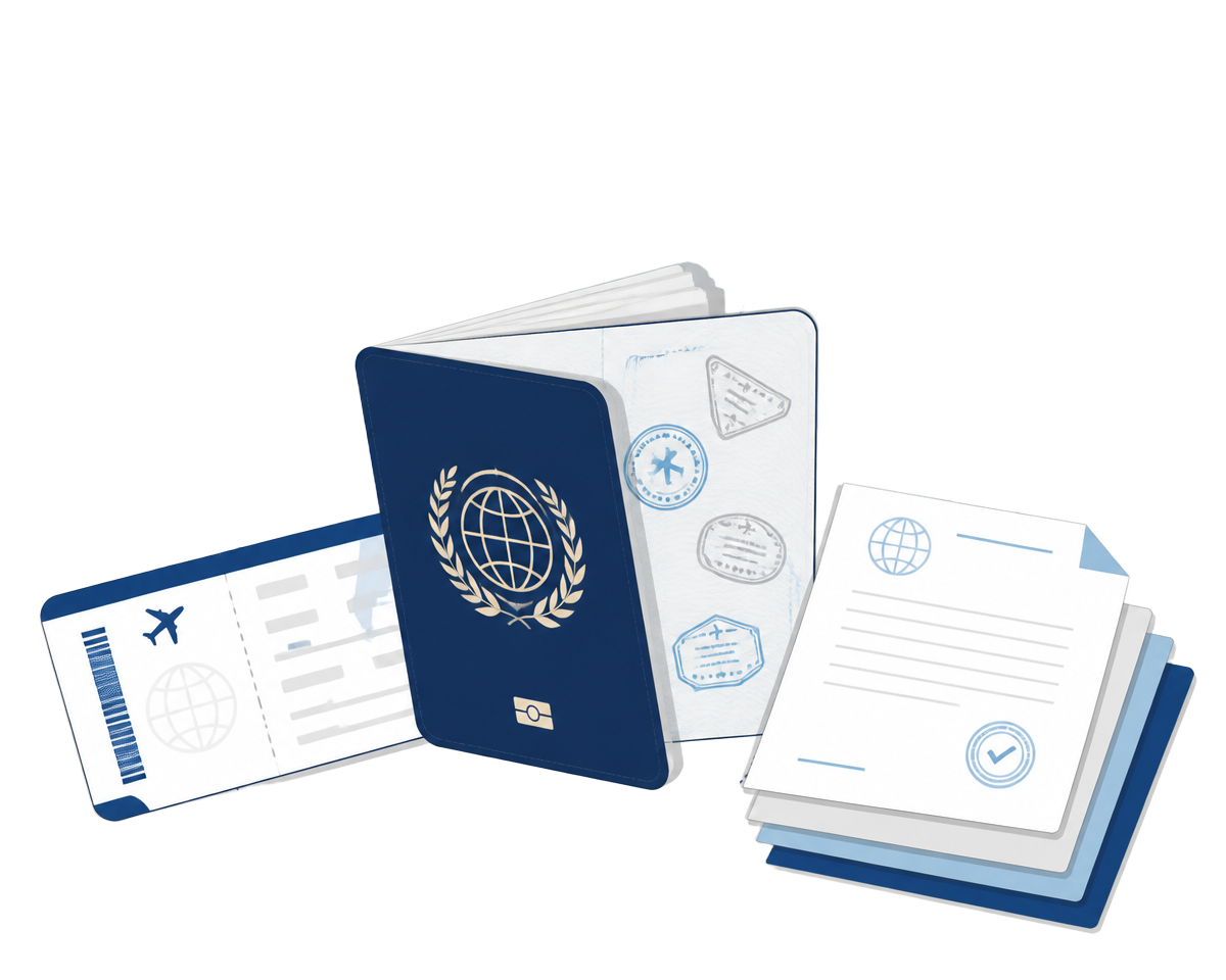 Ilustração institucional de passaporte parcialmente aberto com carimbos consulares, cartão de embarque e documentos organizados
